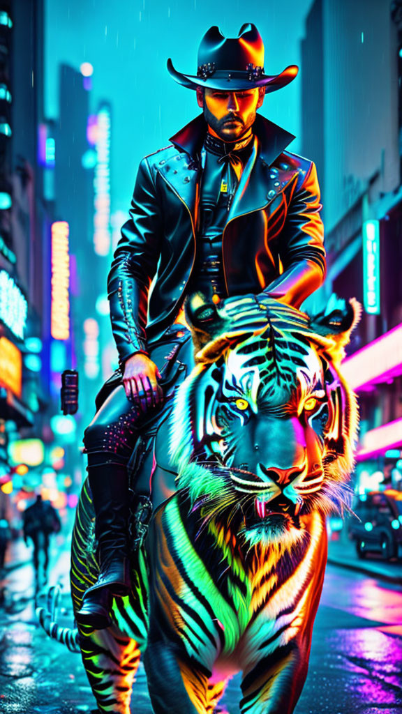 Man in cowboy hat rides tiger through neon-lit urban street