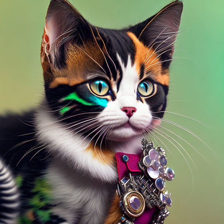 Colorful Cat with Painted Face and Jewelry on Gradient Background