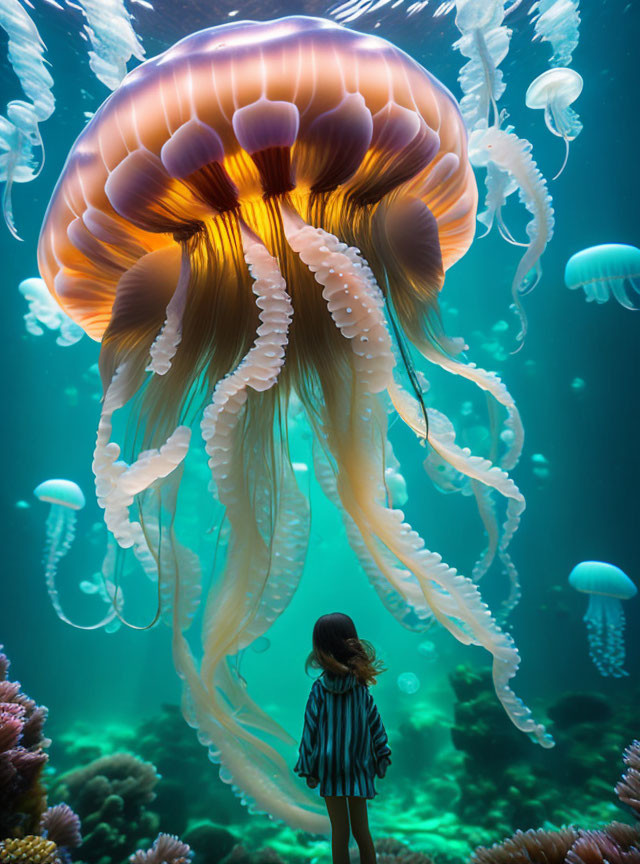 Child mesmerized by large jellyfish in radiant underwater scene