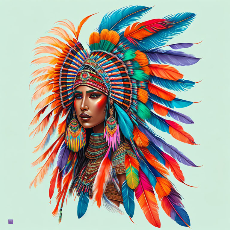 Vibrant tribal makeup and feathered headdress illustration