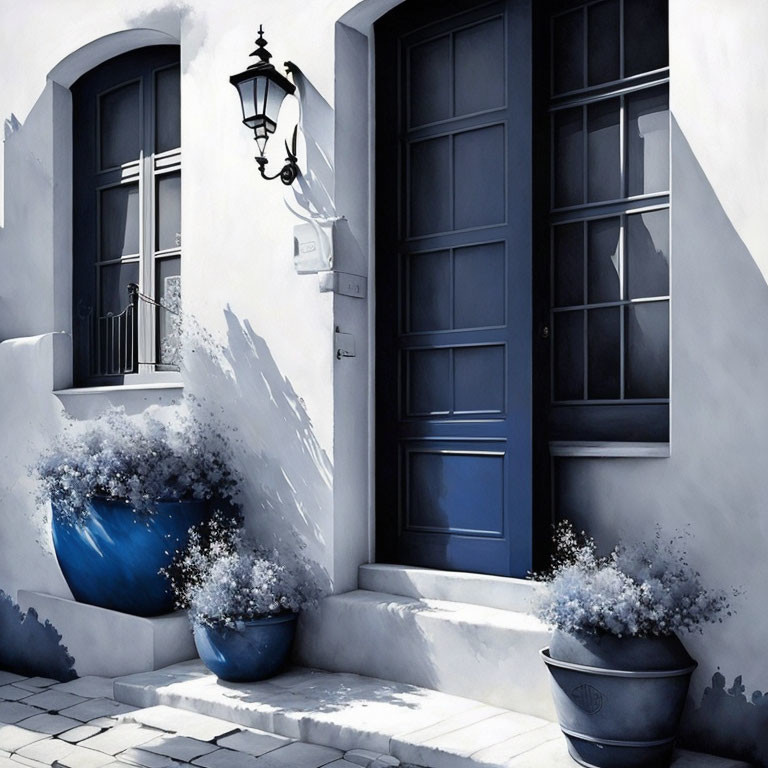 Classic Lantern Above Blue Door and Windows with Blooming White Flowers