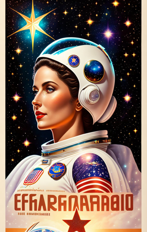 Woman astronaut illustration with reflective helmet in starry background and Cyrillic text.