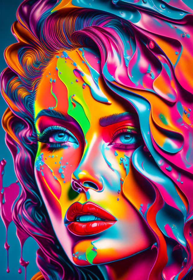 Colorful digital artwork: Woman's face with liquid-like effects