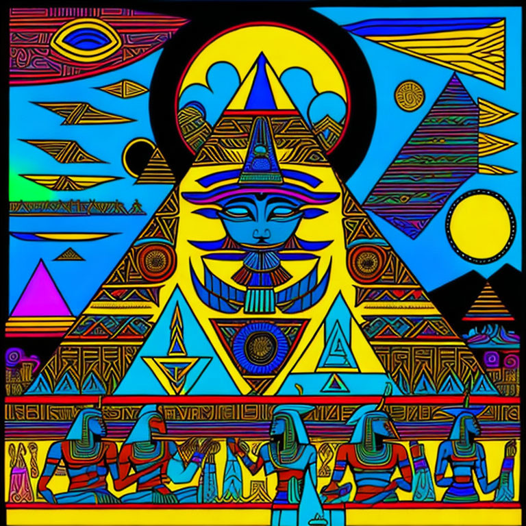 Colorful Egyptian-themed artwork with sphinx, pyramids, hieroglyphics, and deity figures