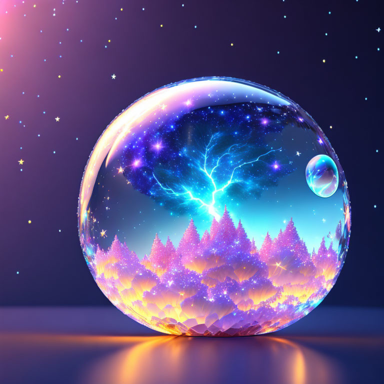 Cosmic-themed crystal ball with luminescent forest and lightning on purple backdrop