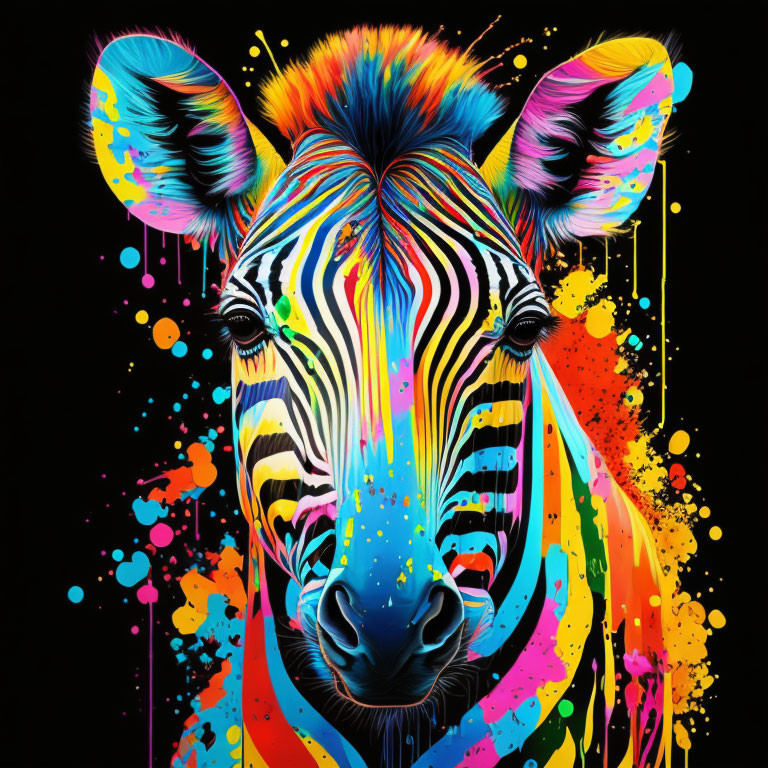 Colorful zebra painting with neon splashes on black background