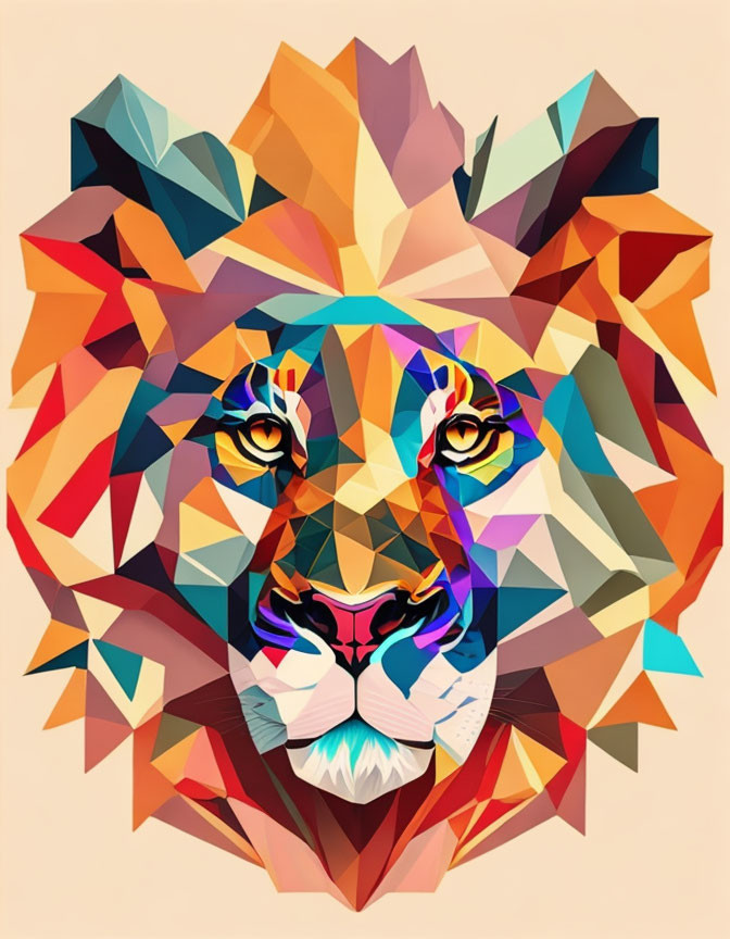 Vibrant abstract lion face in geometric shapes.