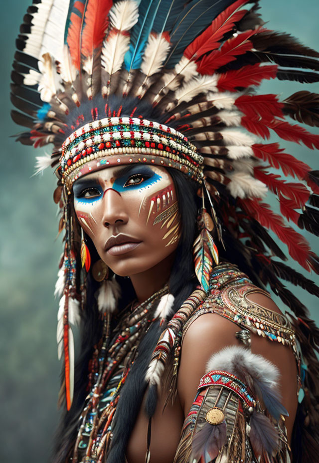 Elaborate Native American headdress with vibrant feathers and beadwork