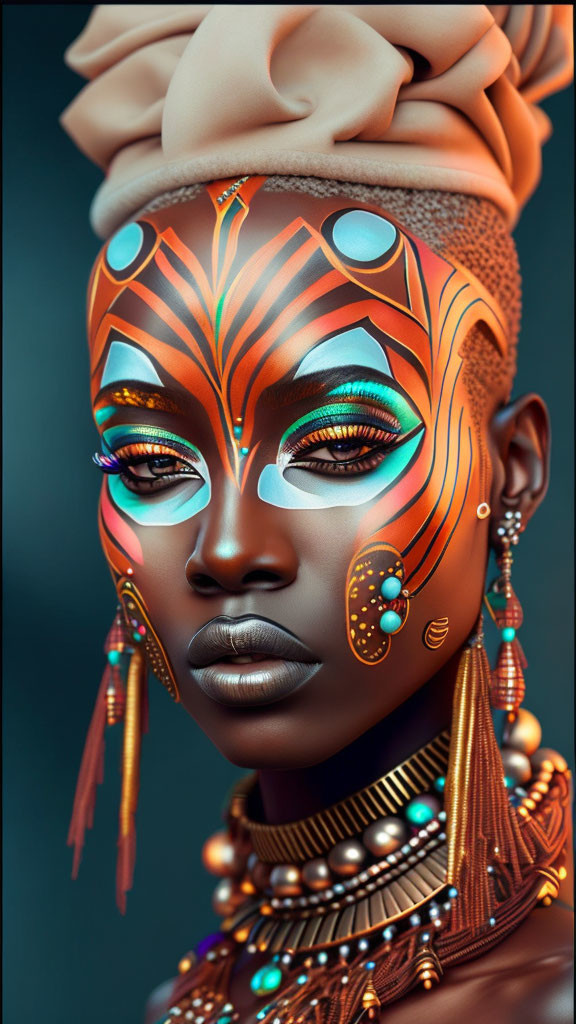 Intricate orange and white face paint on woman with regal head wrap