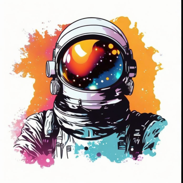 Colorful Astronaut Illustration with Cosmic Reflection on Helmet Visor