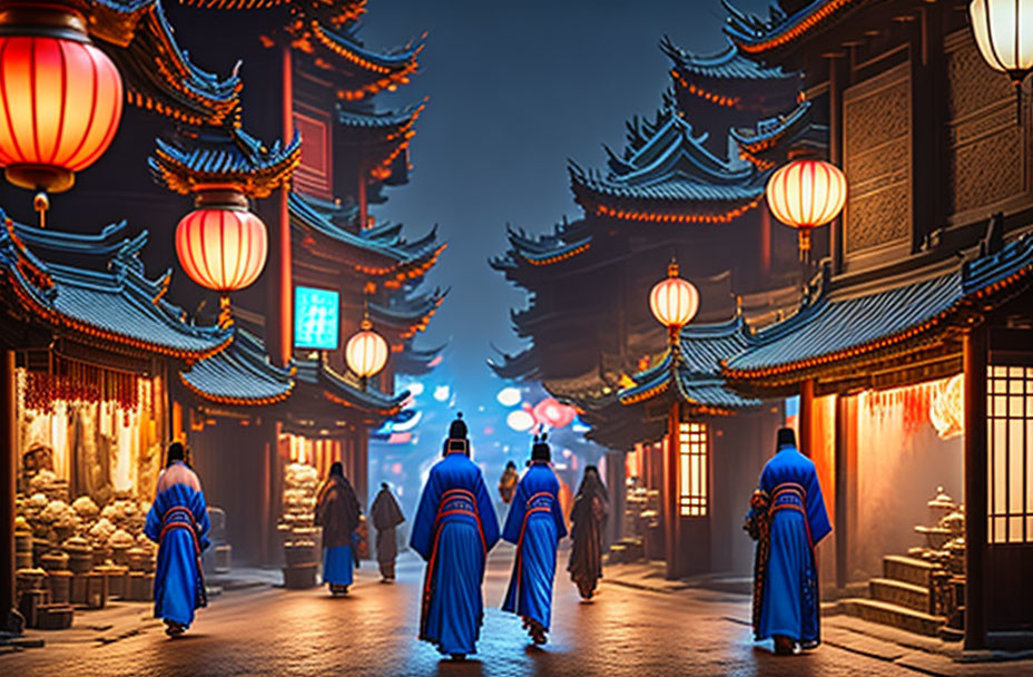 Traditional attire on illuminated ancient Chinese street with red lanterns and classical architecture at dusk