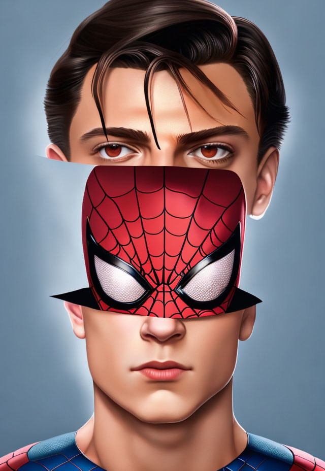 Stylized illustration of half Spider-Man mask, half person's face