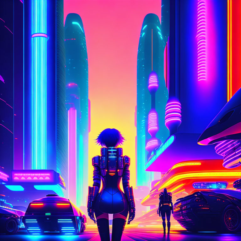 Futuristic backpack in neon-lit cityscape with flying cars