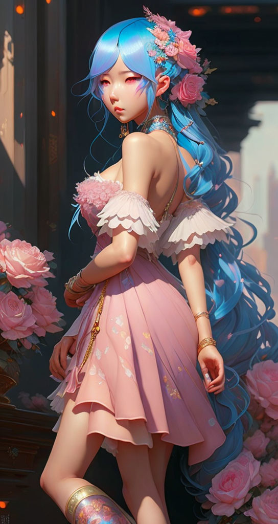 Illustration: Woman with Long Blue Hair and Pink Flowers in Frilly Outfit