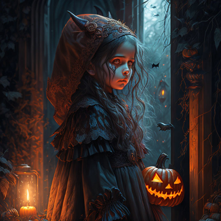 Gothic girl in horned headpiece surrounded by pumpkins and bats