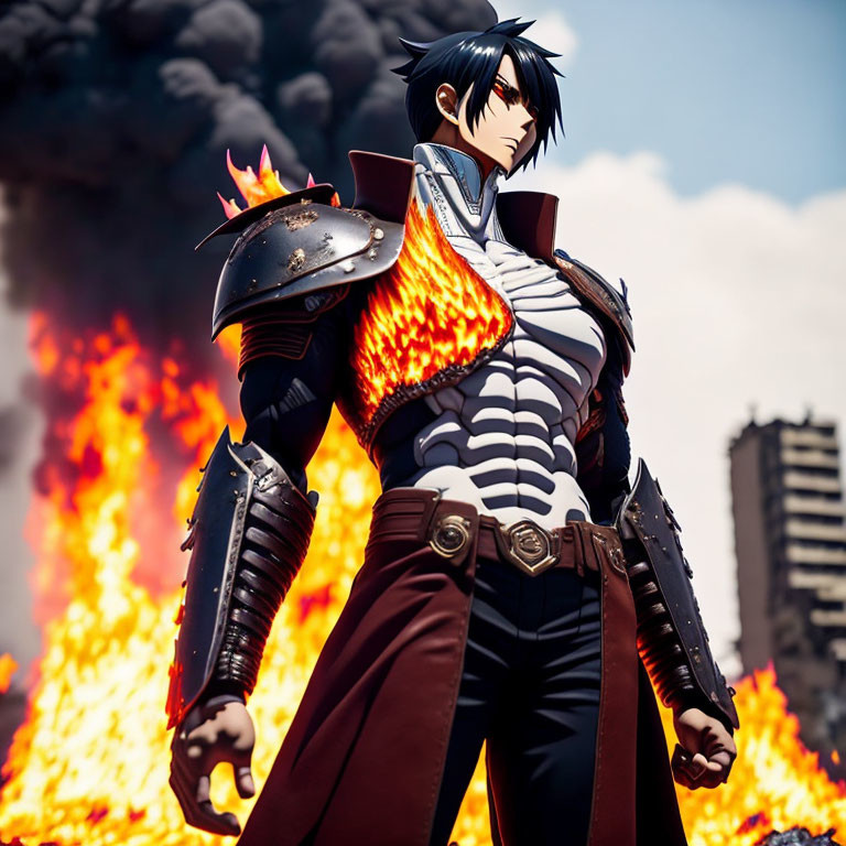 Animated character in black hair and flaming armor surrounded by fire and smoke