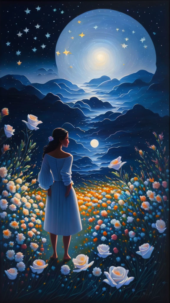 Woman in blue dress standing in flower field under night sky with full moon.