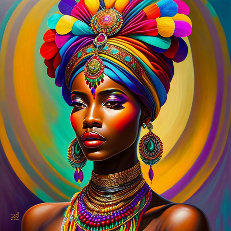 Colorful portrait of woman with headwrap and jewelry on vibrant background