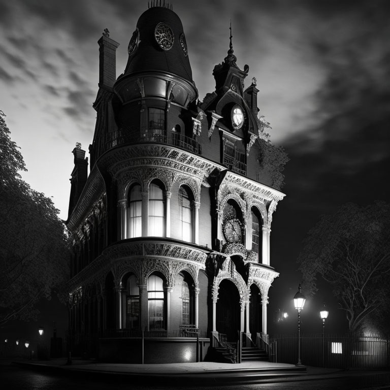 Victorian-style building with clock tower and trees at night