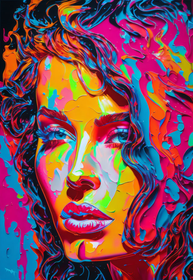 Colorful portrait of a woman with flowing neon hair and dynamic paint drips