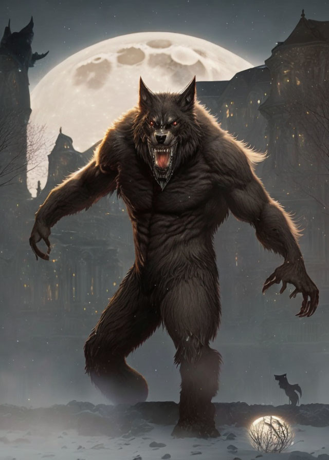 Majestic werewolf under full moon with wolf silhouette and eerie buildings