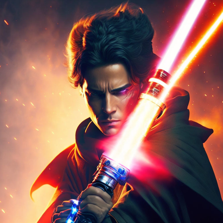 Determined person with red double-ended lightsaber in fiery setting