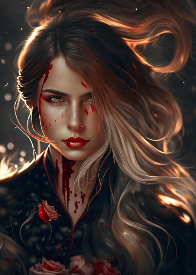 Digital portrait of a woman with flowing hair, intense green eyes, and blood-red accents, set in