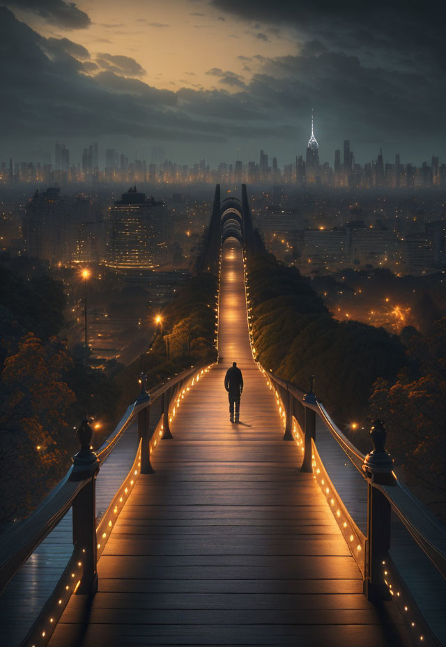 Person standing on illuminated bridge with cityscape under dusky sky