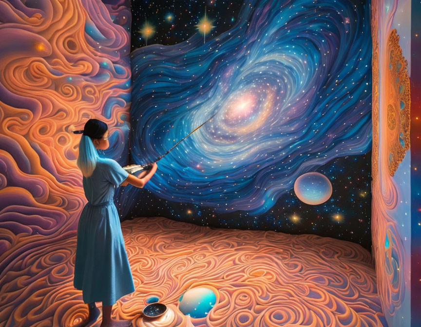 Artist painting cosmic scene with stars and galaxies on swirling canvas.