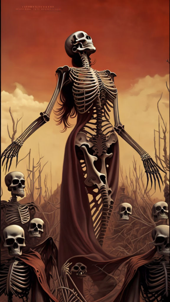 Skeletal figure in red cloak among skulls on barren landscape