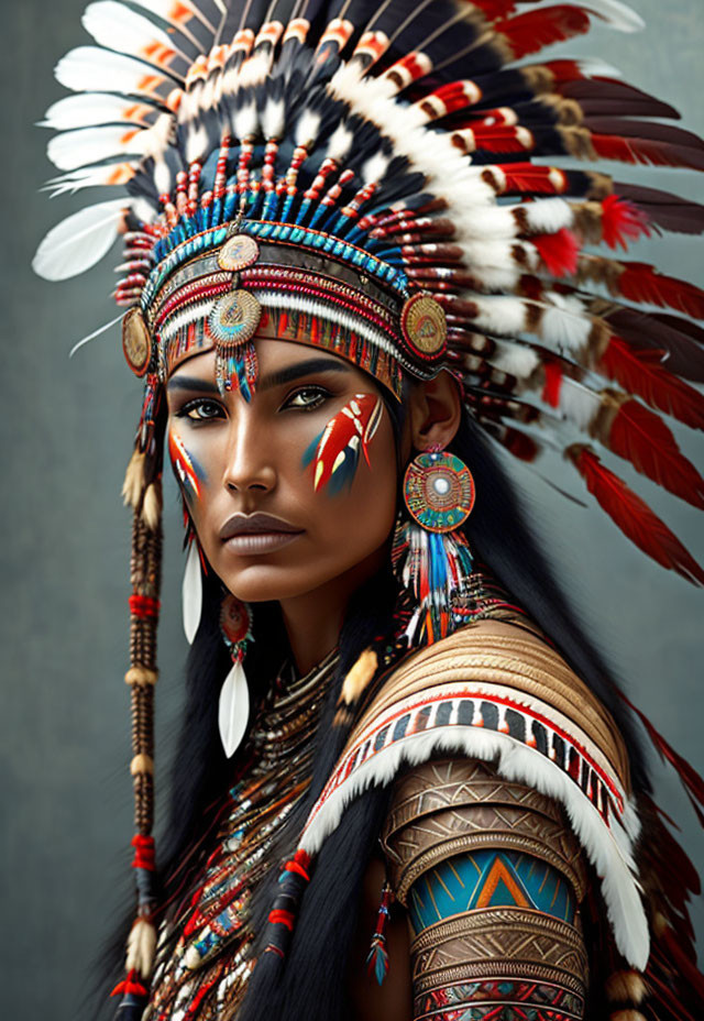 Portrait of a person in Native American headdress with beadwork and feathers.