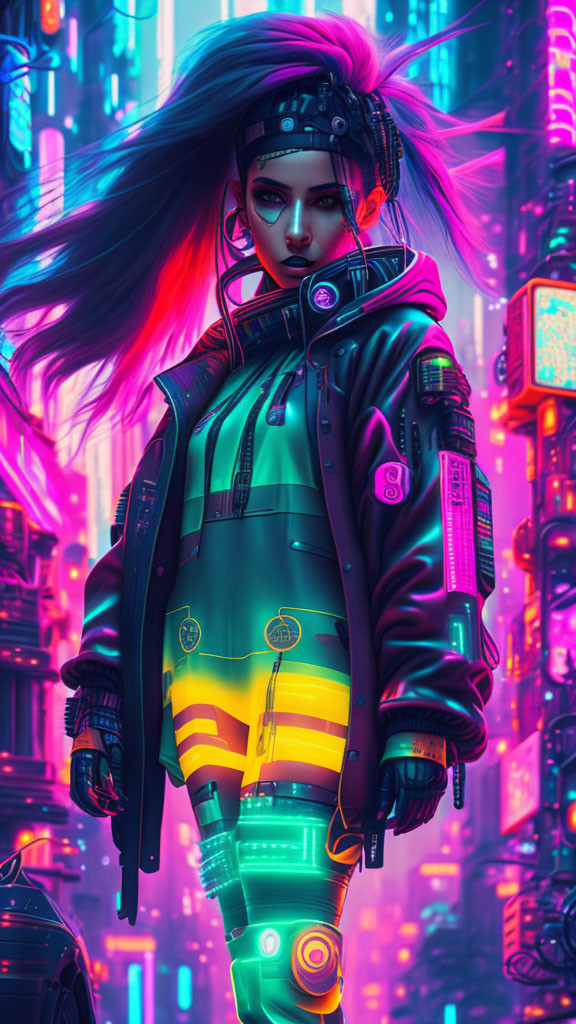 Futuristic woman with flowing hair in neon-lit cyberpunk cityscape