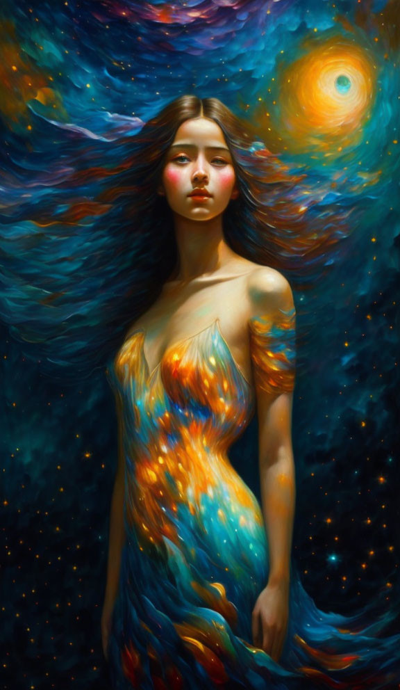 Woman blending with cosmic background in warm hues