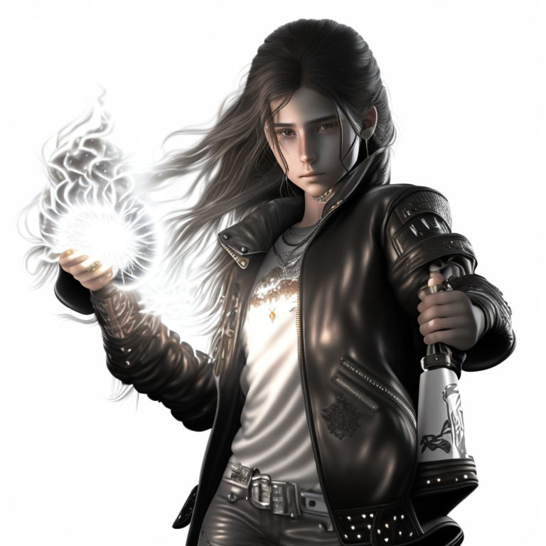 Female character with long hair in leather jacket holding magical orb and microphone