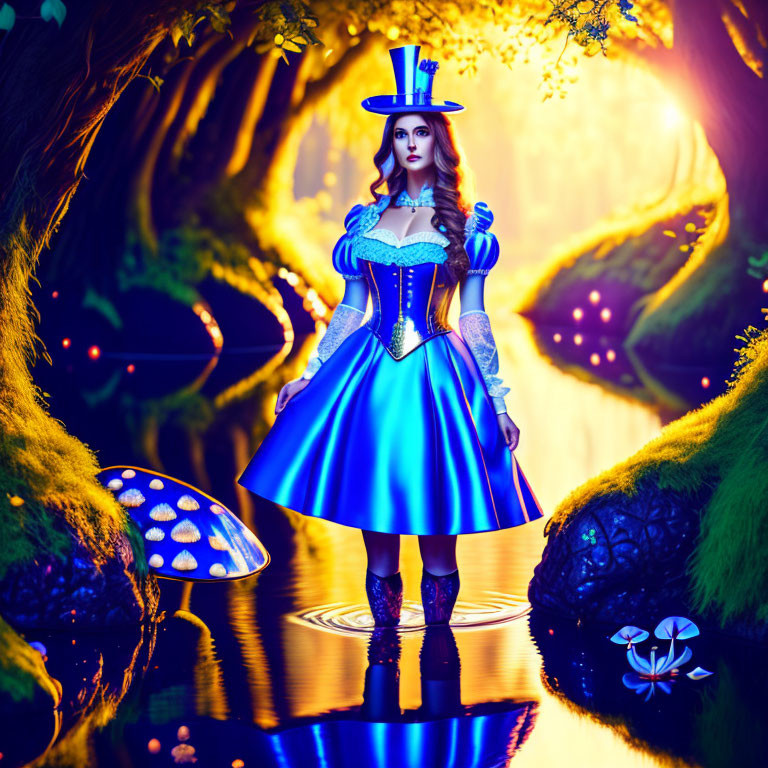 Woman in vibrant blue dress by mystical pond with luminescent mushrooms