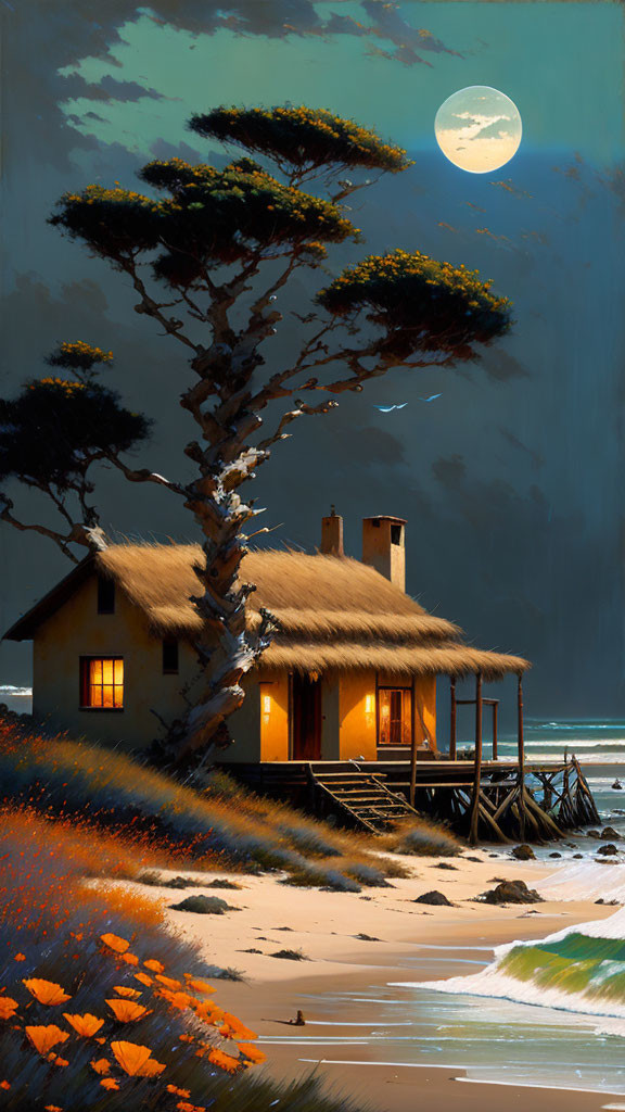 Seaside cottage at twilight with full moon, beach, tree, and flowers