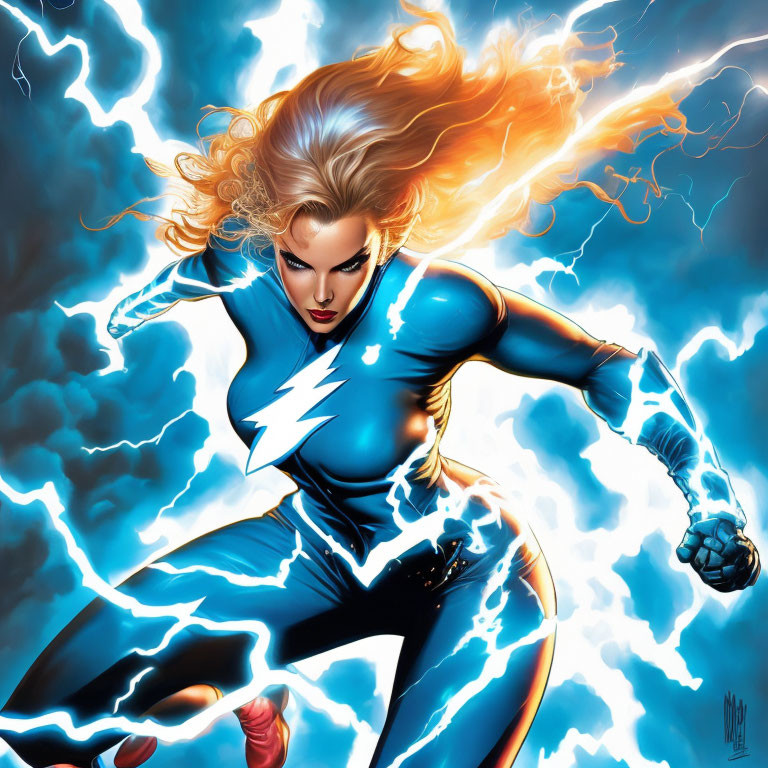 Blonde female superhero in blue suit with lightning emblem and electric arcs