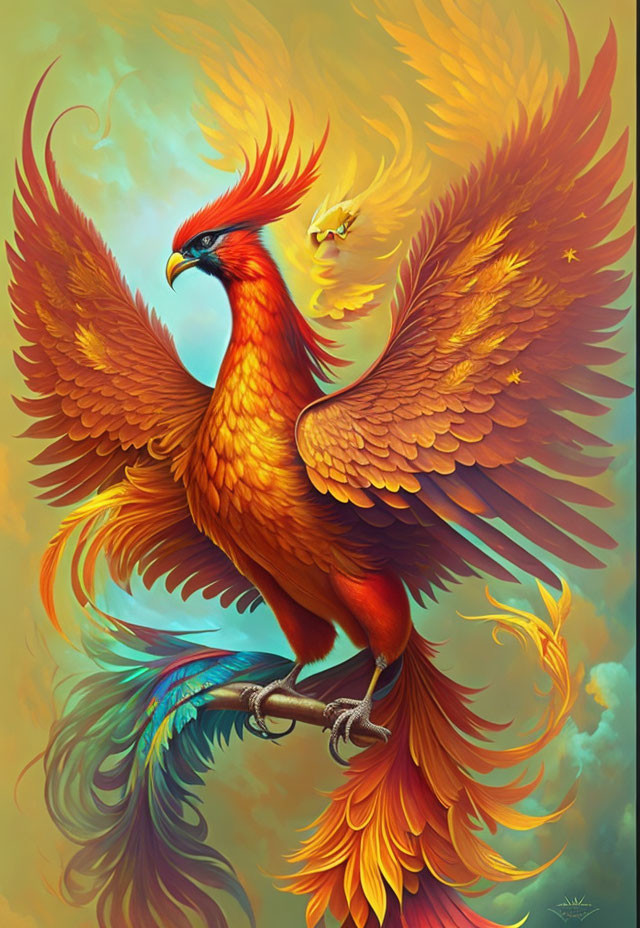 Colorful mythical phoenix with large wings and feathers, accompanied by smaller bird