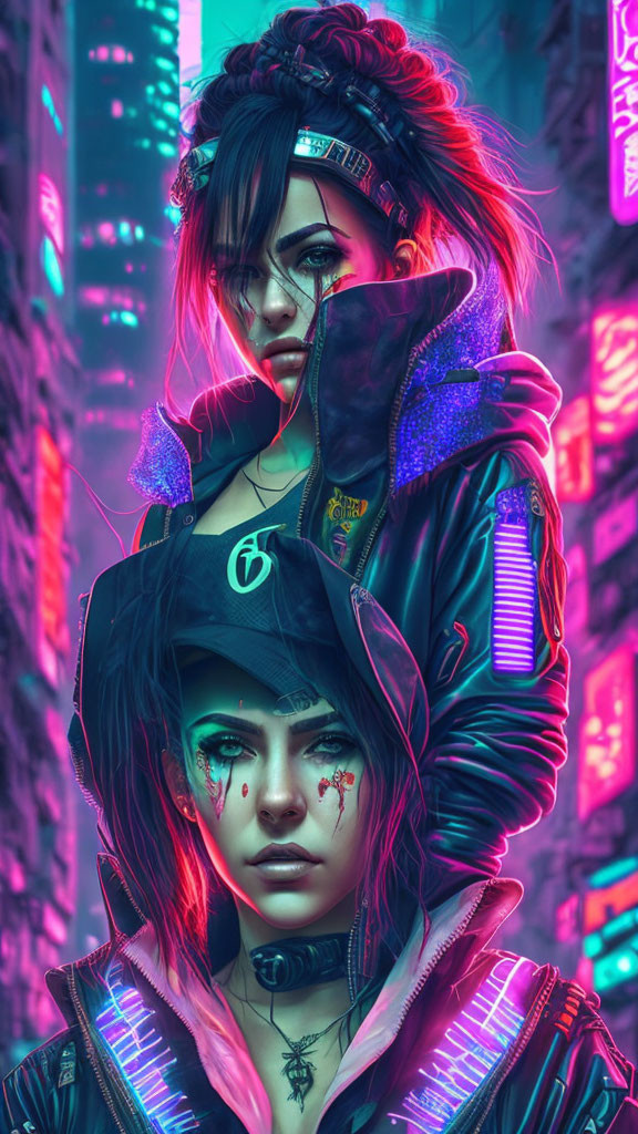 Cyberpunk-themed digital artwork of a woman with neon lights and glowing tattoos