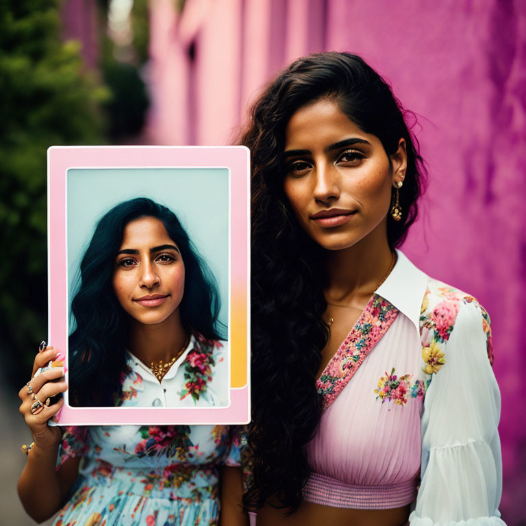 Woman holding framed photo against pink background with floral dress and purple wall