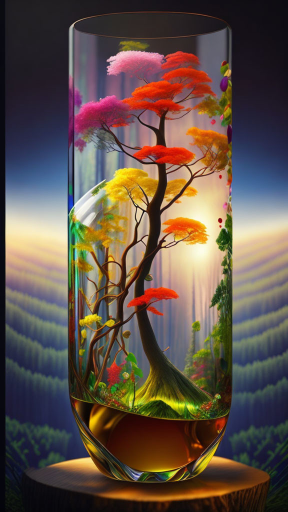 Colorful miniature forest ecosystem in glass against mystical background