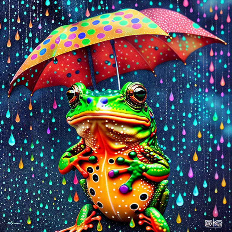 Colorful Cartoon Frog with Polka-Dotted Umbrella in Multicolored Rainfall