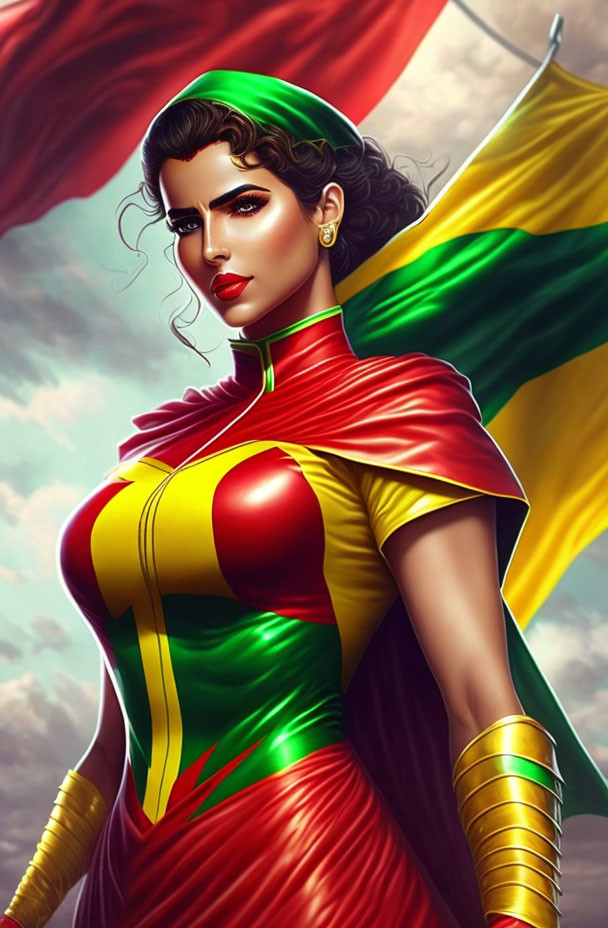 Confident superheroine digital illustration with dark hair and red lipstick in red and yellow costume with green accents