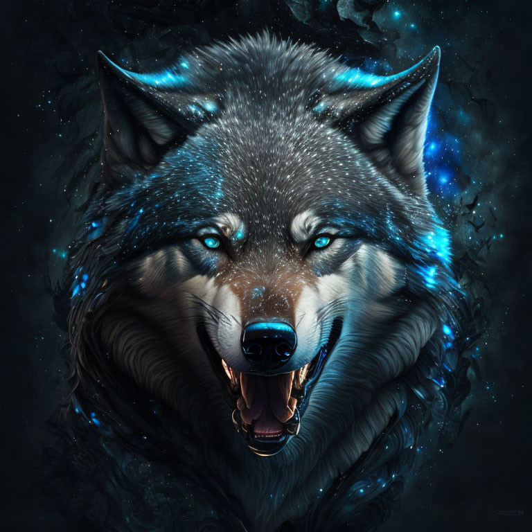 Mystical wolf digital art with glowing blue eyes on dark starry backdrop