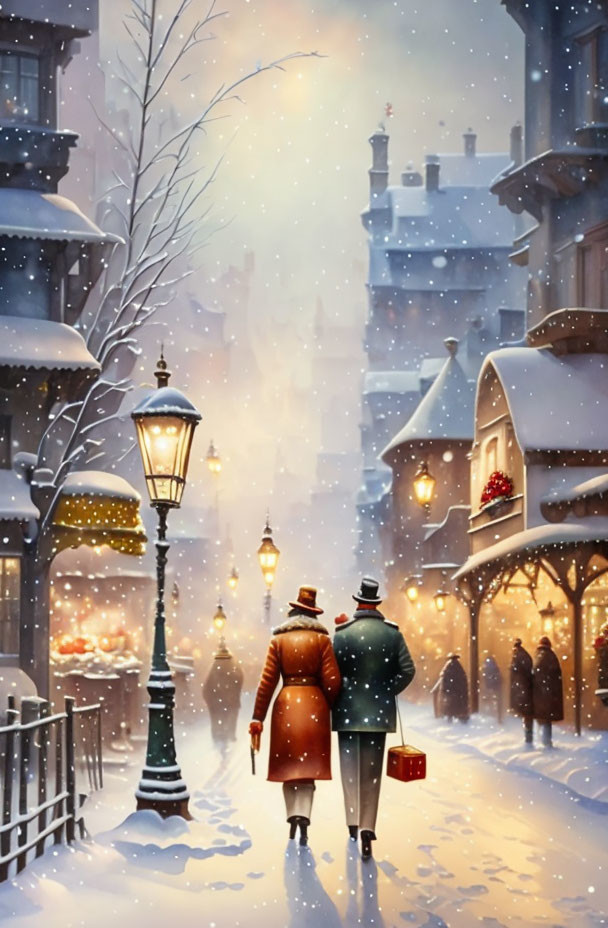 Couple Walking in Snowy Street with Festive Decorations