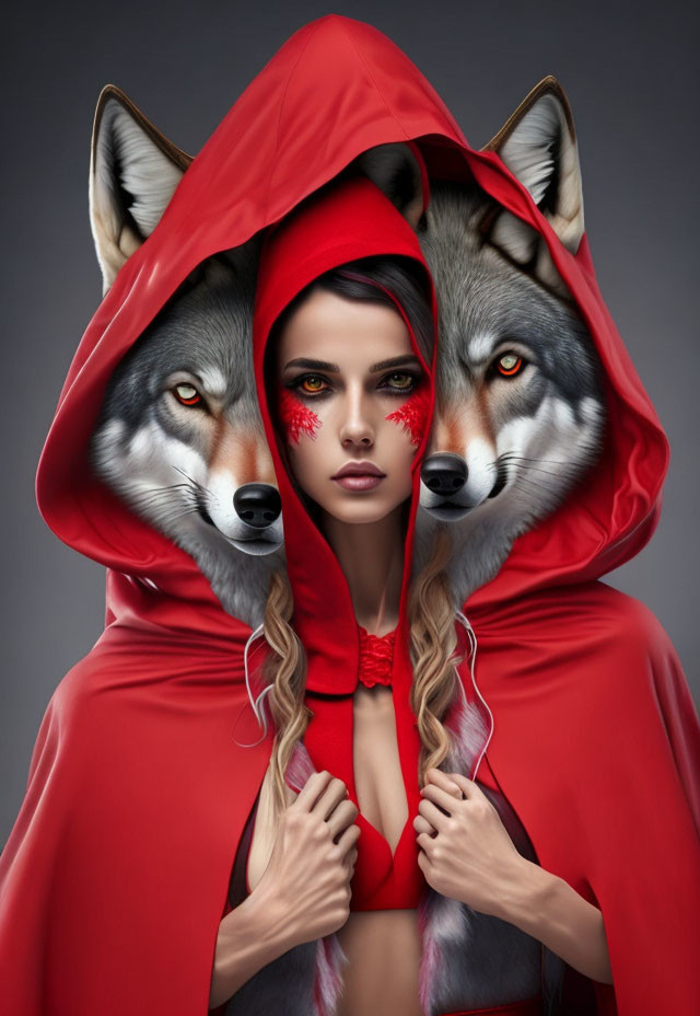 Woman in Red Hooded Cloak with Wolf Faces Design and Glitter Detail