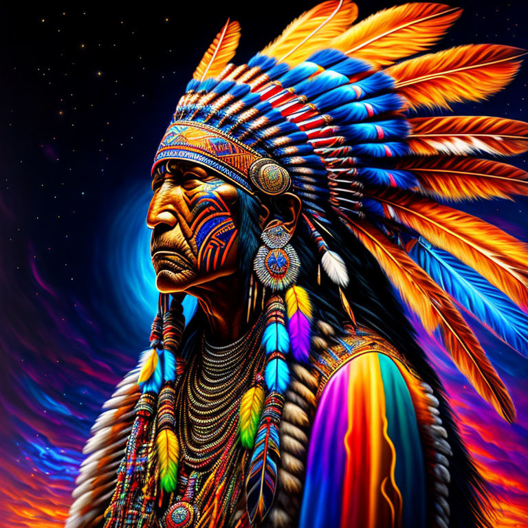 Native American Chief with Feather Headdress in Cosmic Starry Background