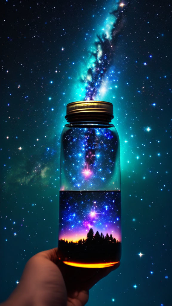 Jar with vibrant galaxy and forest silhouette on cosmic background