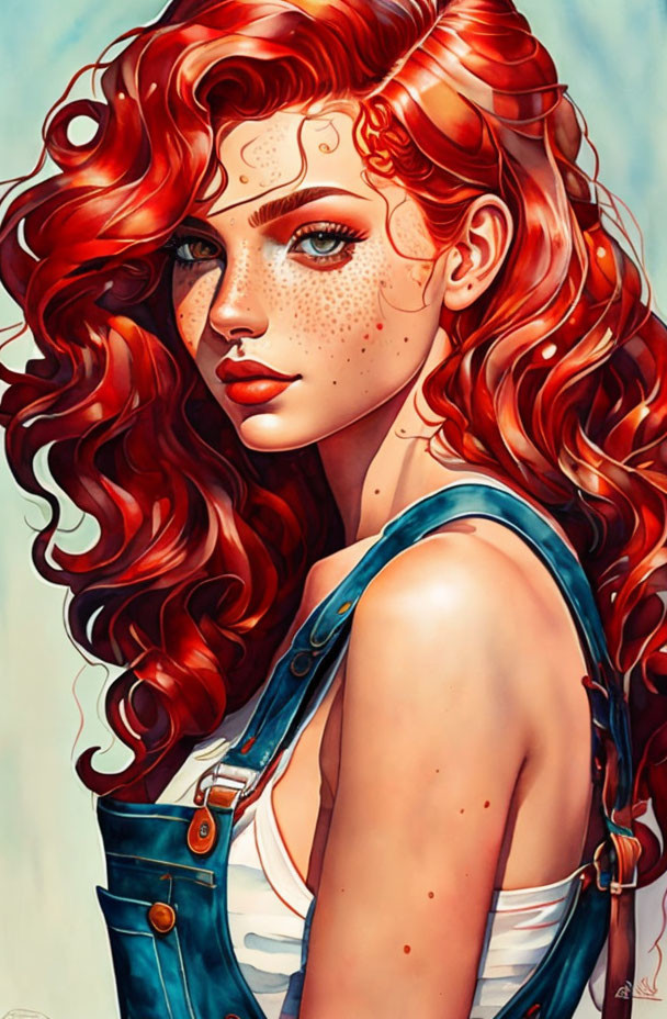 Woman with Red Curls, Freckles, Blue Eyes in Denim Outfit