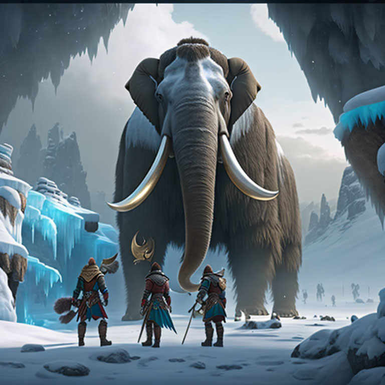 Majestic mammoth with warriors in tribal armor in snowy landscape